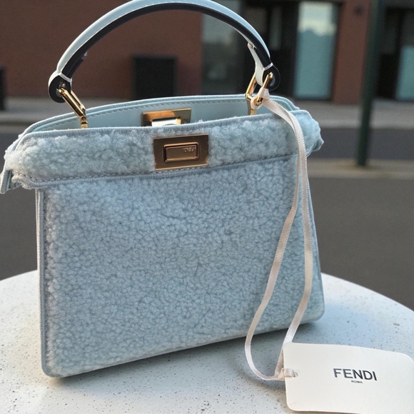 FENDI Peekaboo Mutton Fur + Lamb Leather Blue Powder Sugar + Soft Gold Mini NWT! - Picture 6 of 9